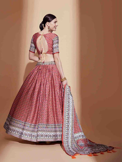 Odette Women Peach Chinon Semi Stitched Lehenga With Unstitched Blouse