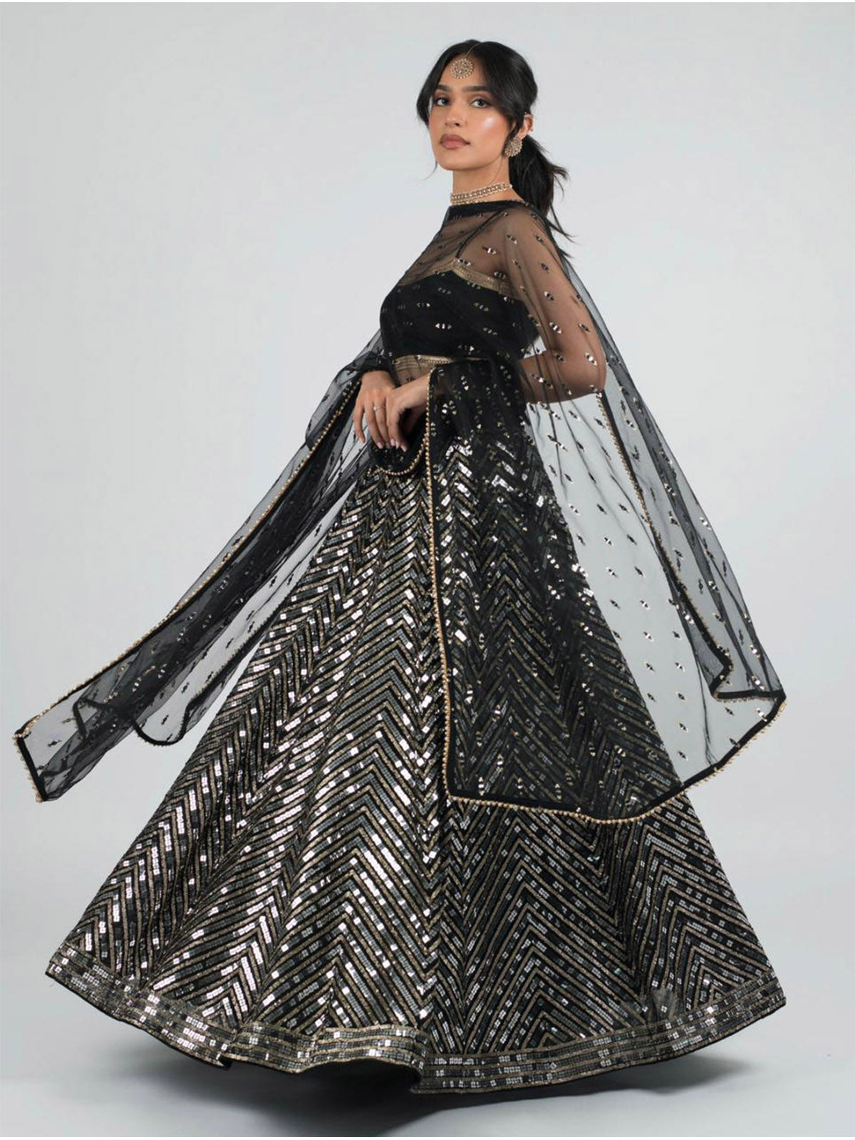 Odette Women Black Designer Sequence Semi Stitched Lehenga With Unstitched Blouse