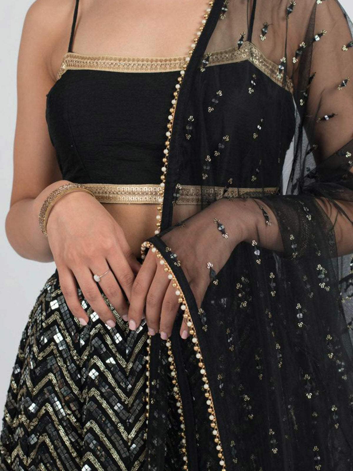 Odette Women Black Designer Sequence Semi Stitched Lehenga With Unstitched Blouse