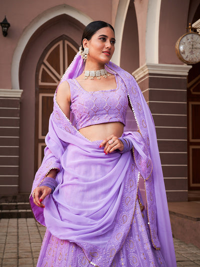 Light Purple Designer Embroidered Semi Stitched Lehenga With  Unstitched Blouse