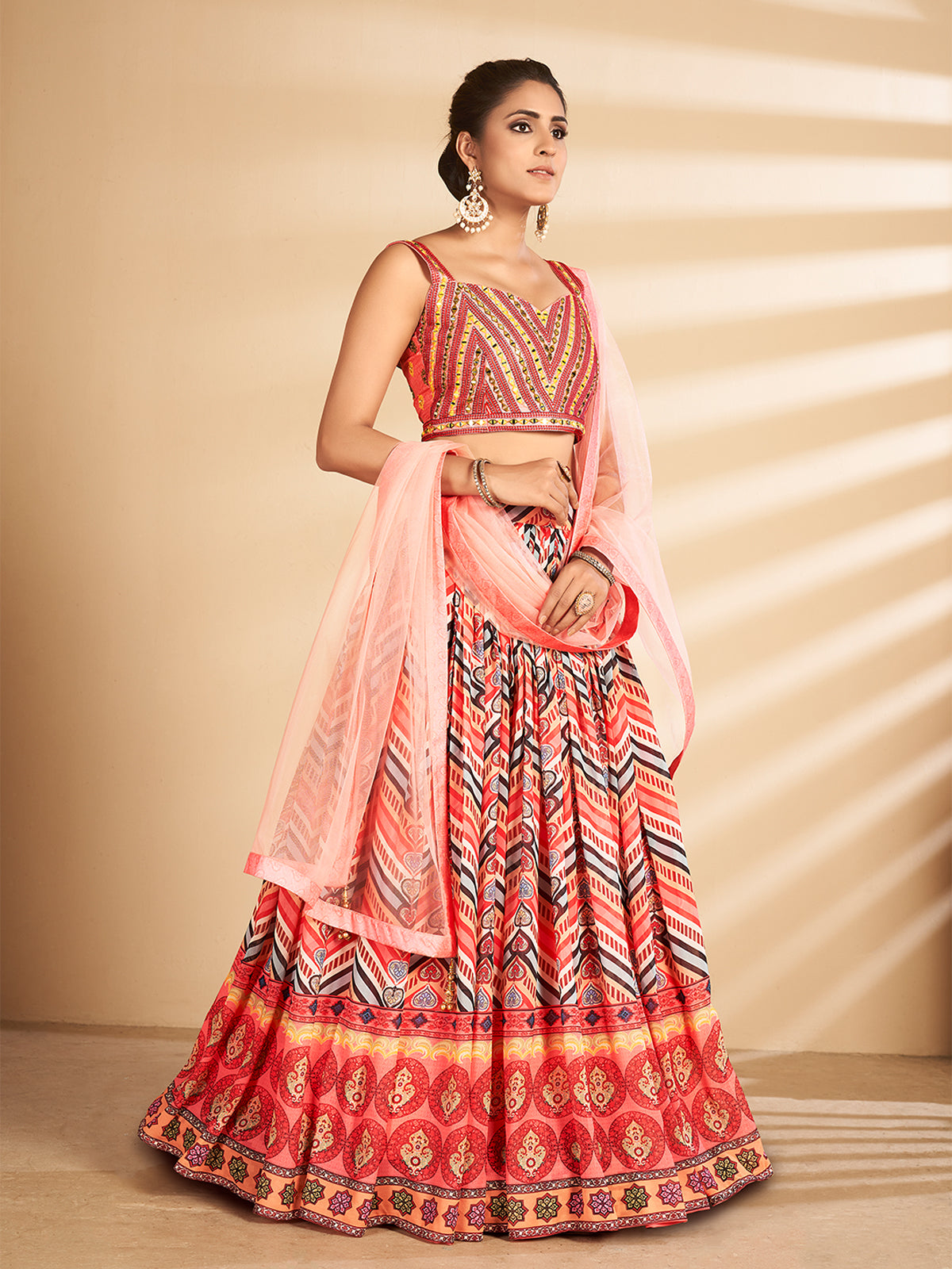 Multicolor Printed, Handwork Art Silk Semi Stitched Lehenga With Unstitched Blouse