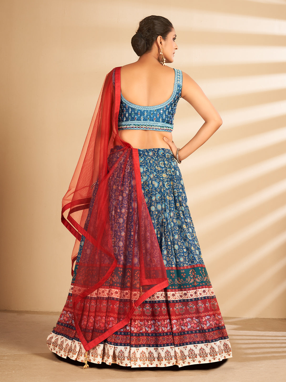 Multicolor Printed, Handwork Art Silk Semi Stitched Lehenga With Unstitched Blouse