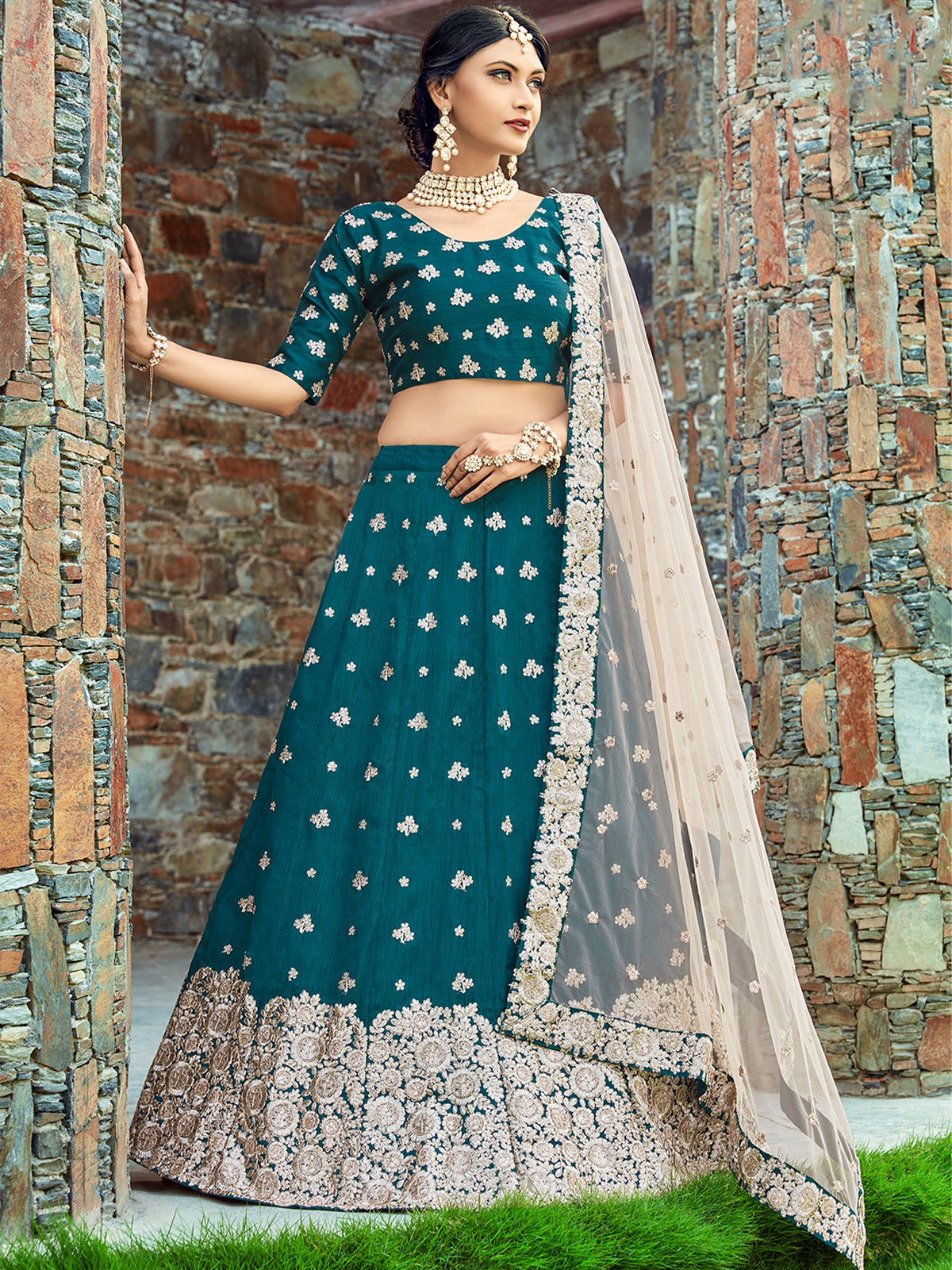 Teal Classy Semi Stitched Lehenga With  Unstitched Blouse