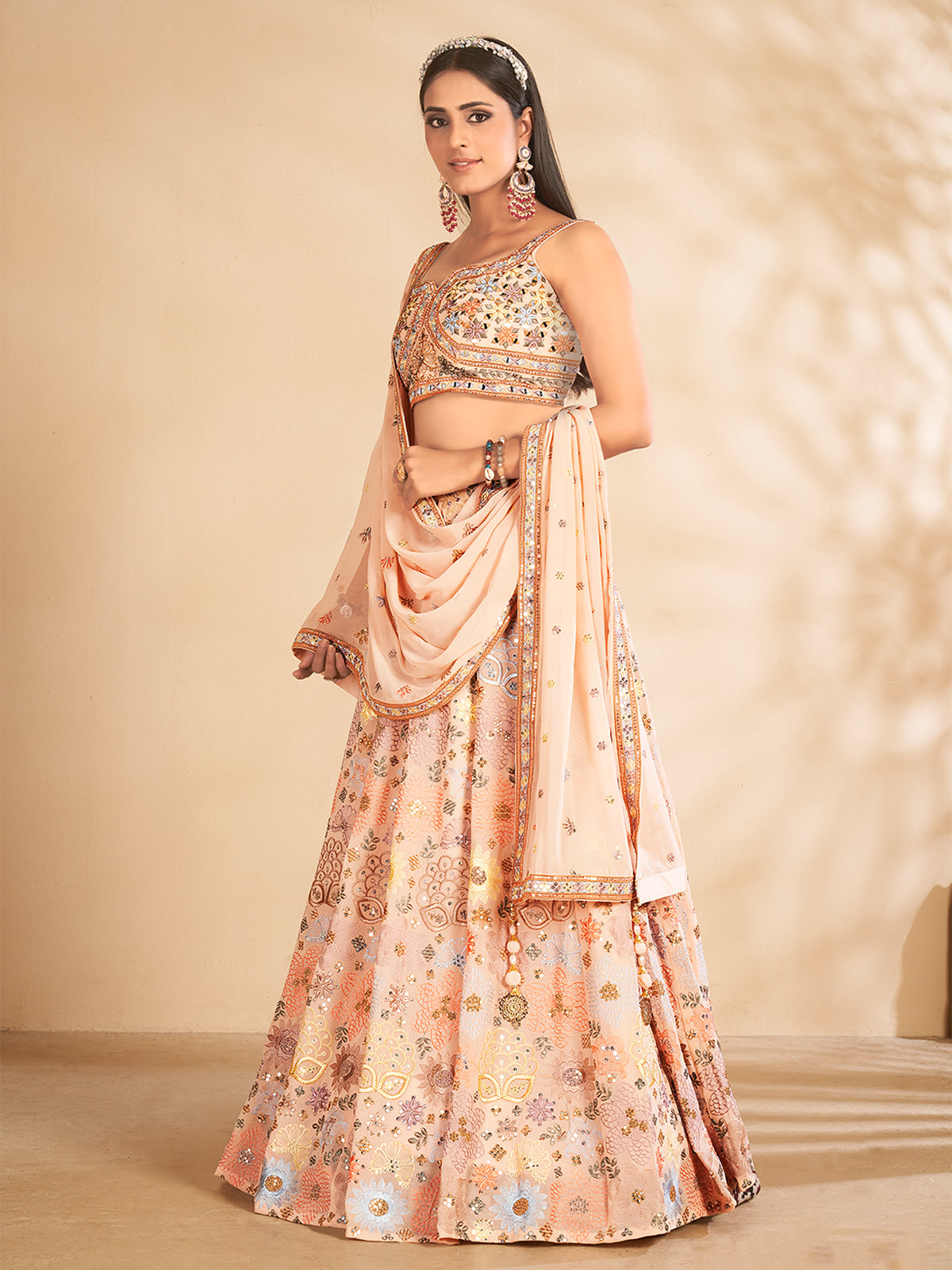 Peach Printed, Handwork Georgette Semi Stitched Lehenga With Unstitched Blouse