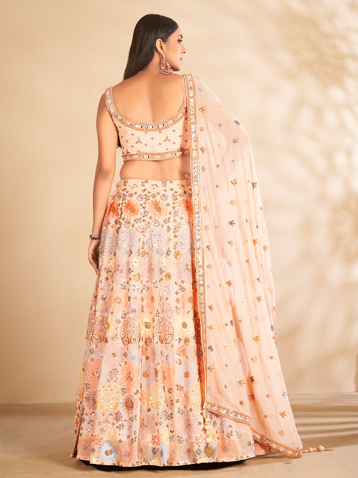 Peach Printed, Handwork Georgette Semi Stitched Lehenga With Unstitched Blouse