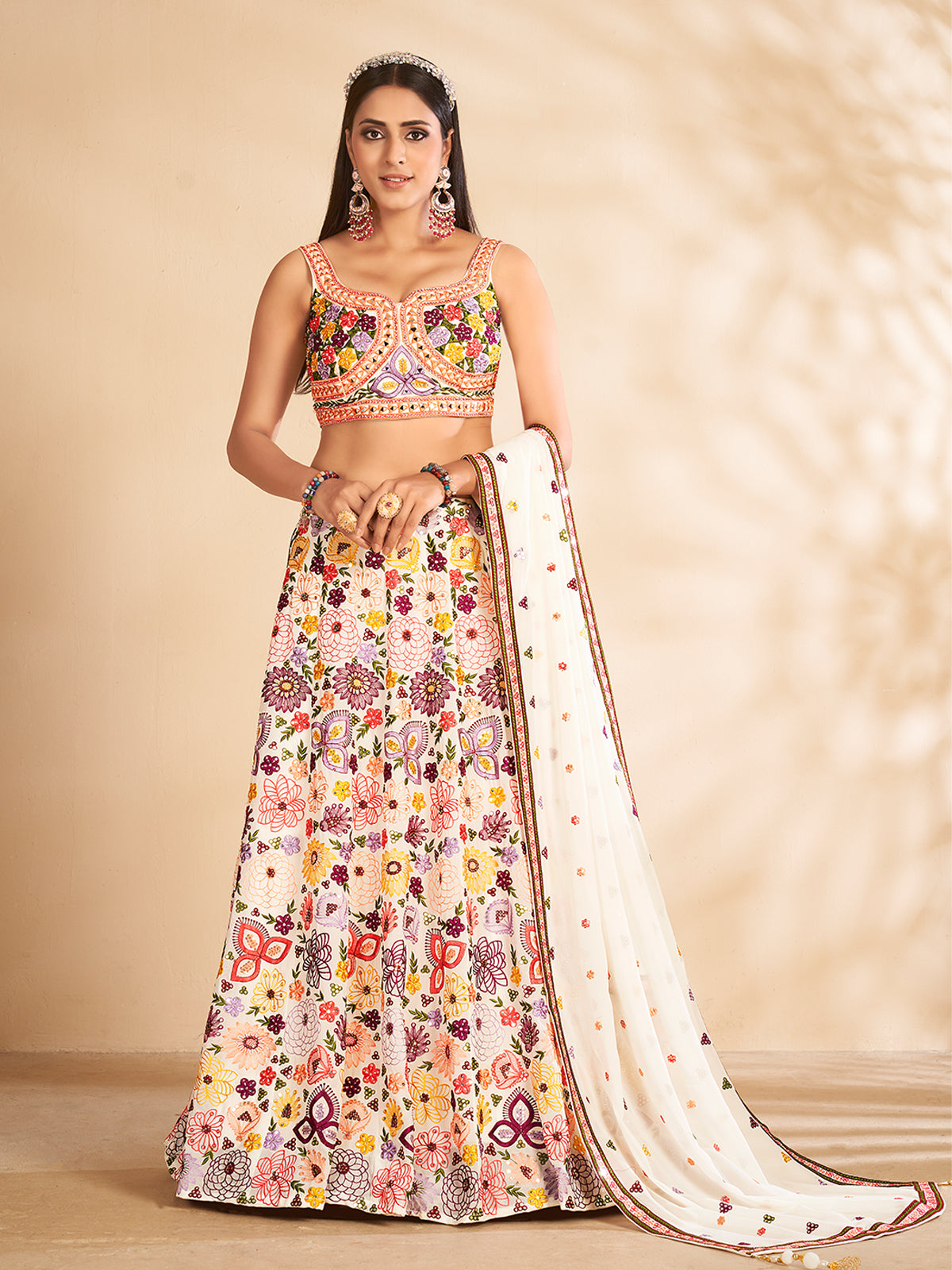 Multicolor Printed, Handwork Georgette Semi Stitched Lehenga With Unstitched Blouse