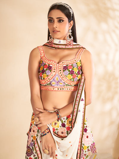 Multicolor Printed, Handwork Georgette Semi Stitched Lehenga With Unstitched Blouse