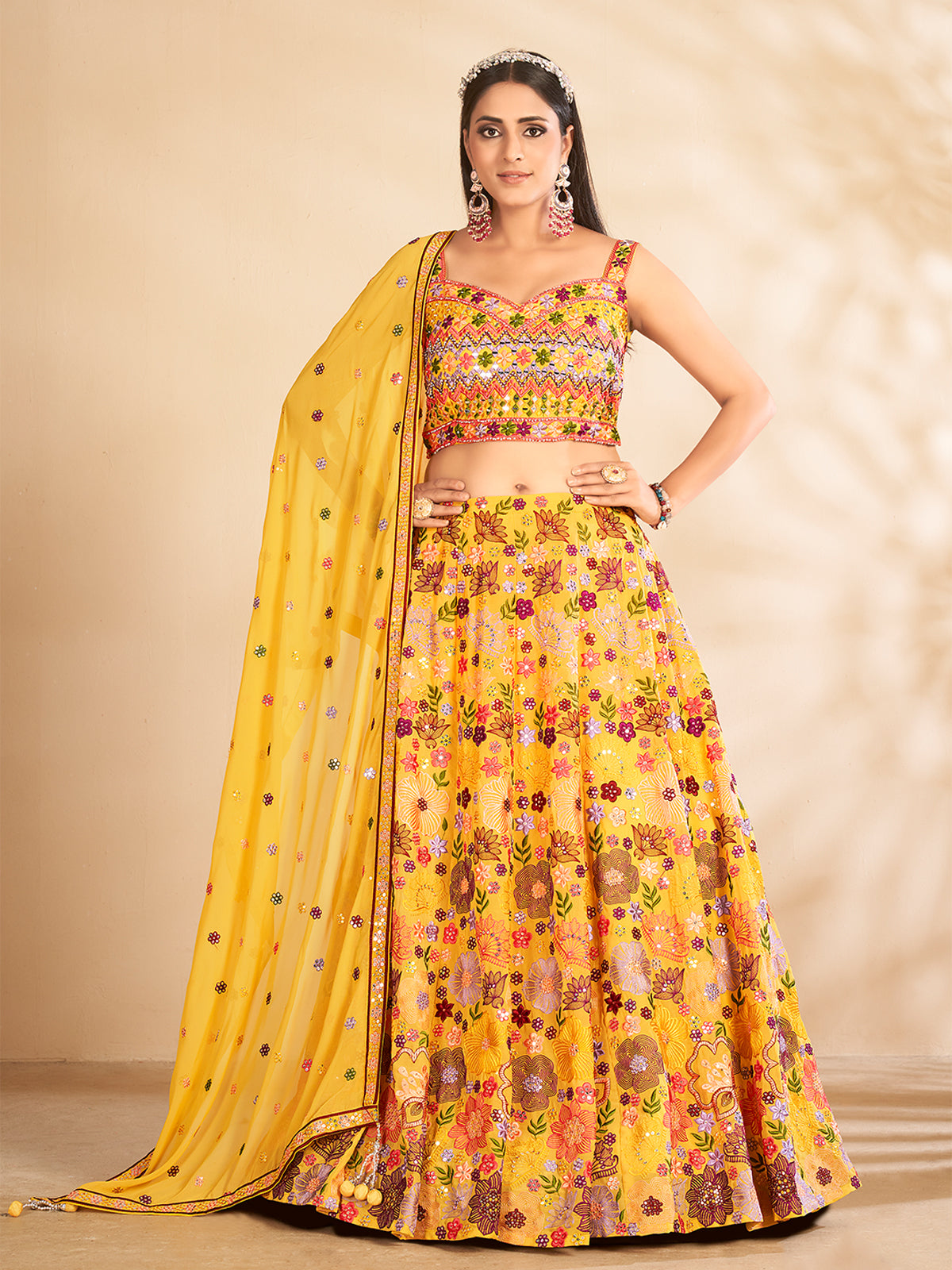 Mustard Printed, Handwork Georgette Semi Stitched Lehenga With Unstitched Blouse