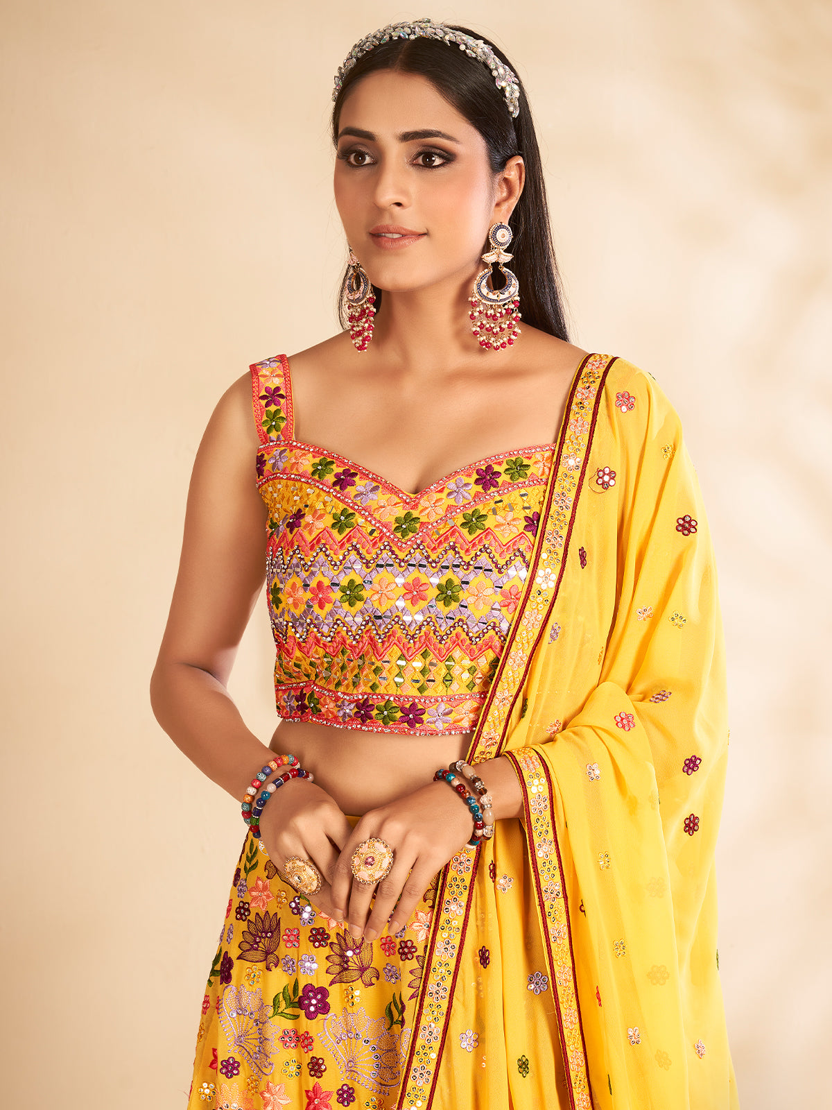Mustard Printed, Handwork Georgette Semi Stitched Lehenga With Unstitched Blouse