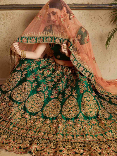 Dark Green Designer Satin Semi Stitched Lehenga With Unstitched Blouse
