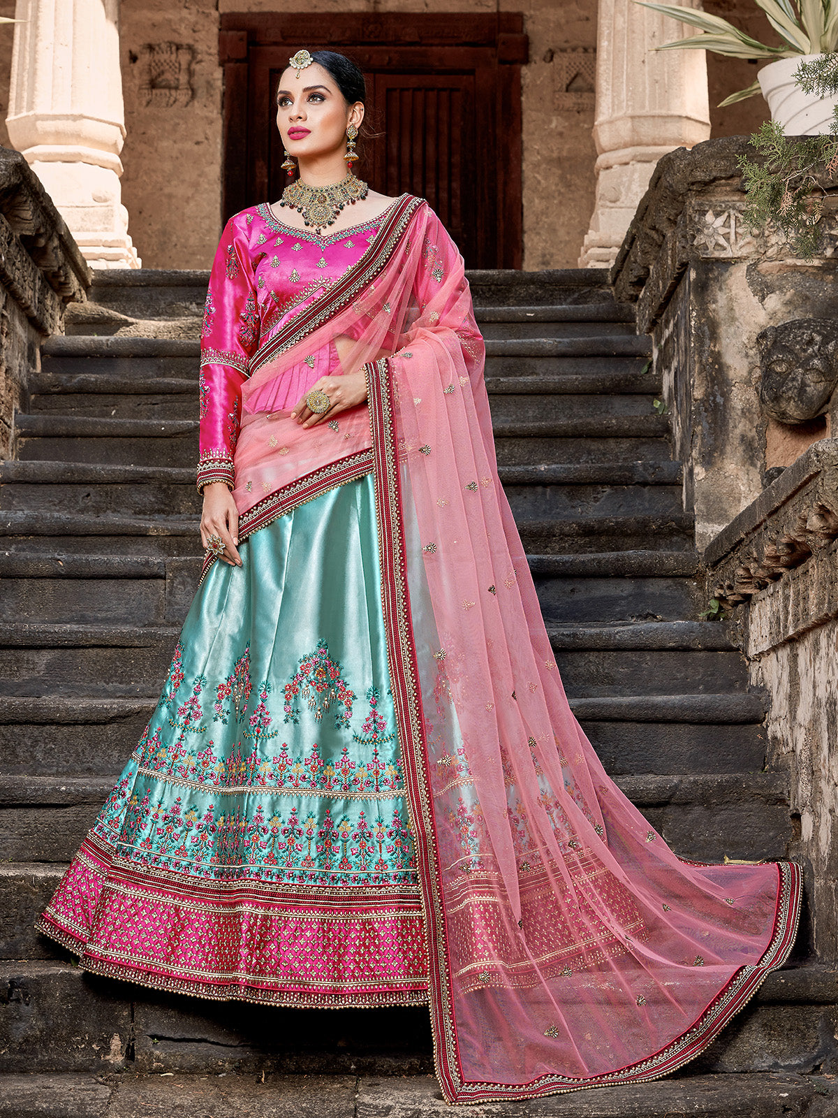 Sea Green Rani pink embroidered choli and lehenga with frilly dupatta –  shining kanika
