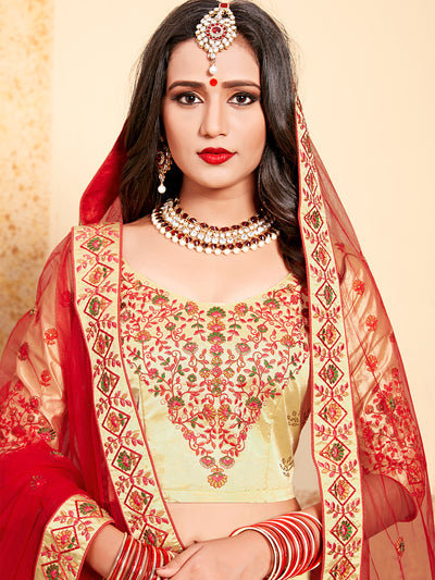 Beige Satin Embroidered Semi Stitched Lehenga With  Unstitched Blouse