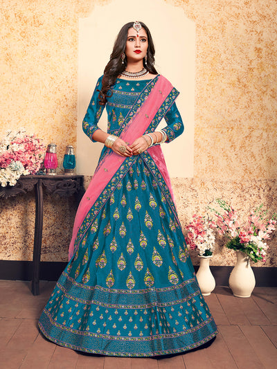 Semi Stitched Teal Embroidered Semi Stitched Lehenga With  Unstitched Blouse