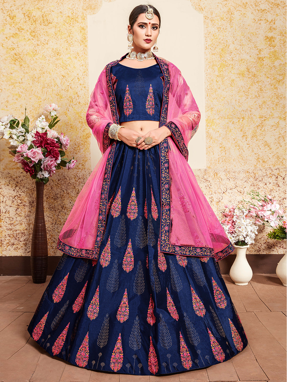 Buy Rosewater Pink - Midnight Sapphire Blue Paisley Patterned Lahenga  Online in India @Mohey - Lehenga for Women