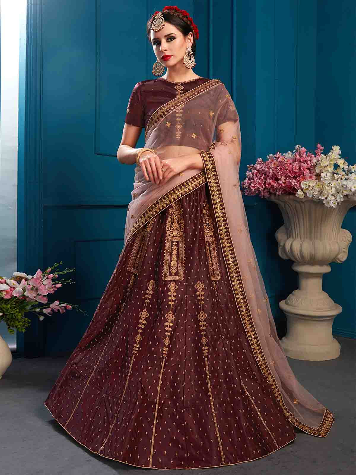 Brown Designer Satin Semi Stitched Lehenga With Unstitched Blouse