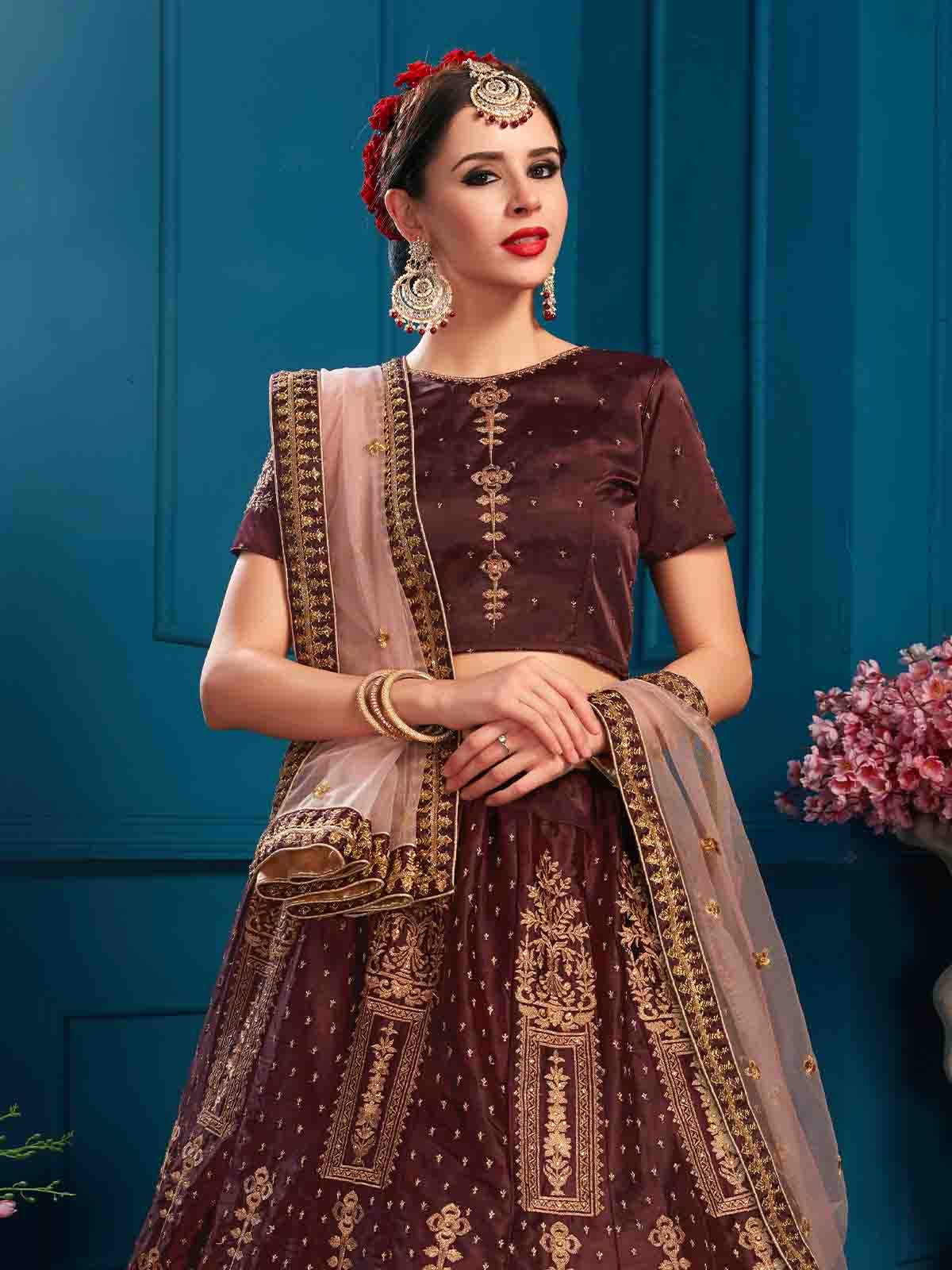 Brown Designer Satin Semi Stitched Lehenga With Unstitched Blouse