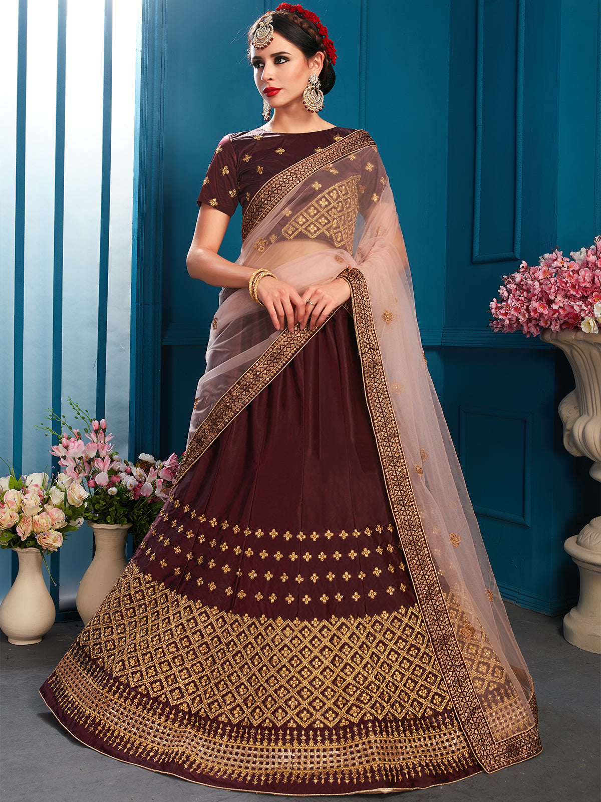 Brown Sparkling Sequins Semi Stitched Lehenga With Unstitched Blouse