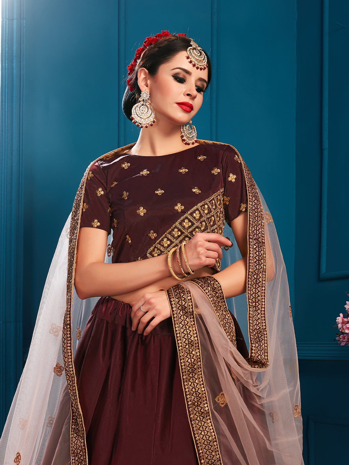 Brown Sparkling Sequins Semi Stitched Lehenga With Unstitched Blouse