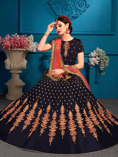 Dark Blue Sequins Semi Stitched Lehenga With Unstitched Blouse