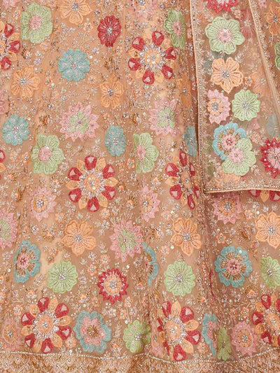 Peach Soft Net Embroidered Semi Stitched Lehenga With Unstitched Blouse