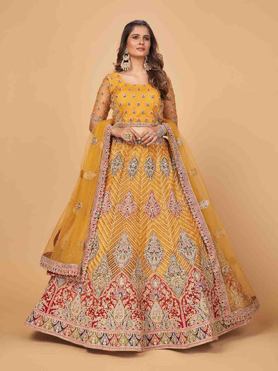Mustard Embroidered Soft Net Semi Stitched Lehenga With Unstitched Blouse