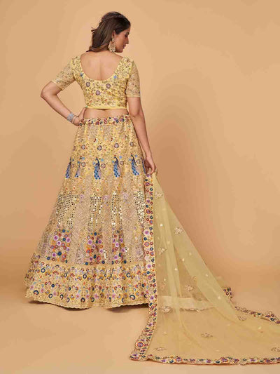 Yellow Soft Net Embroidered Semi Stitched Lehenga With Unstitched Blouse