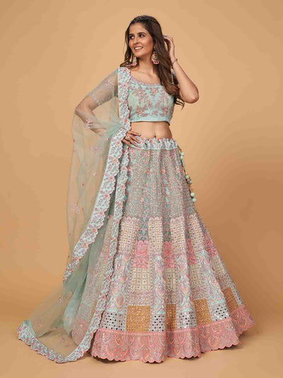 Multicolor Soft Net Embroidered Semi Stitched Lehenga With Unstitched Blouse