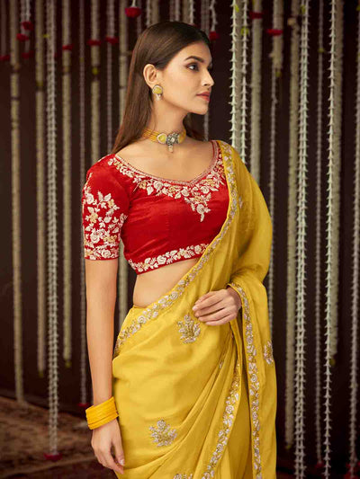 Yellow Organza Embroidered Saree With Unstitched Blouse