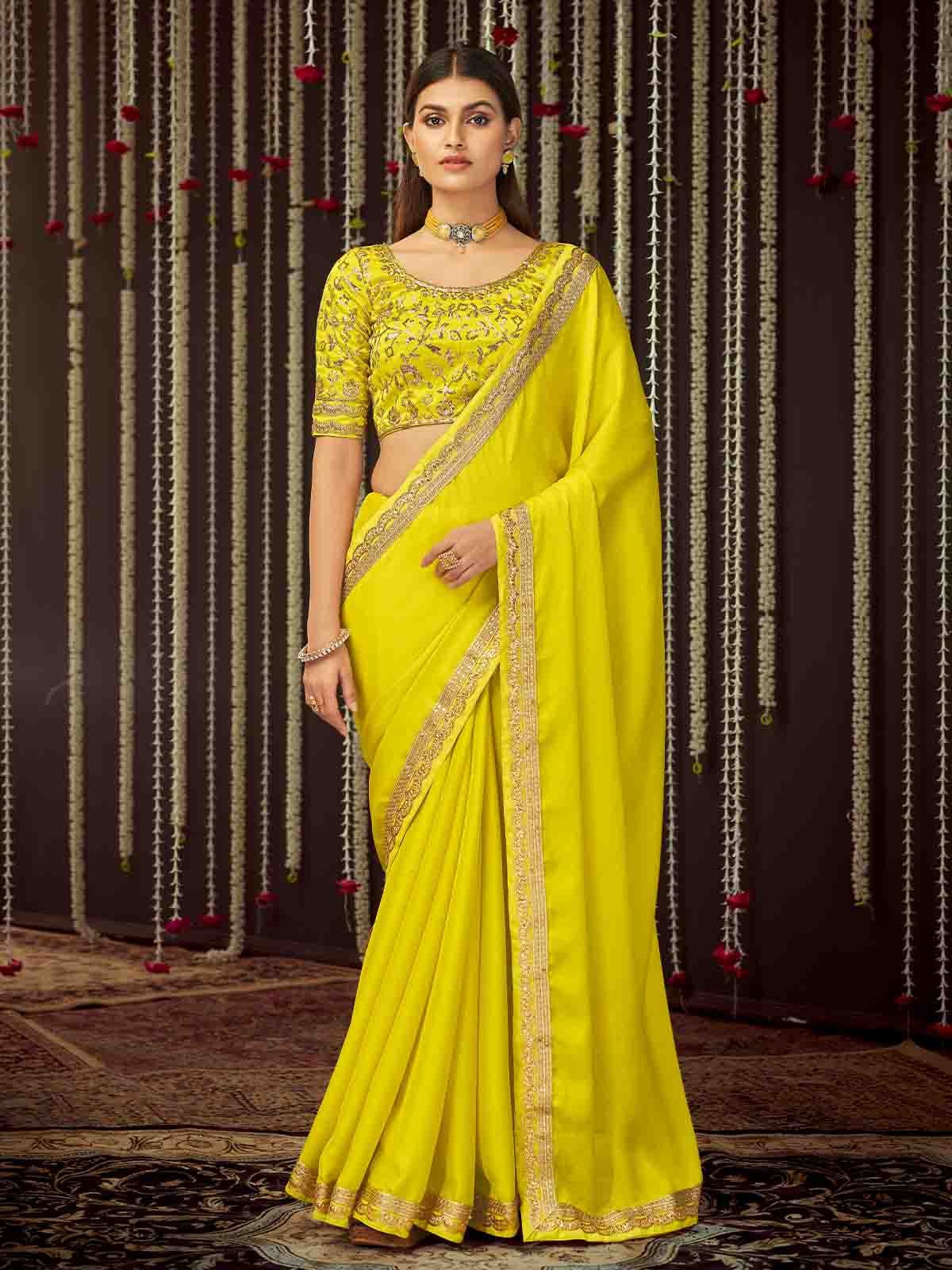 Yellow Chinon Silk Embroidered Saree With Unstitched Blouse