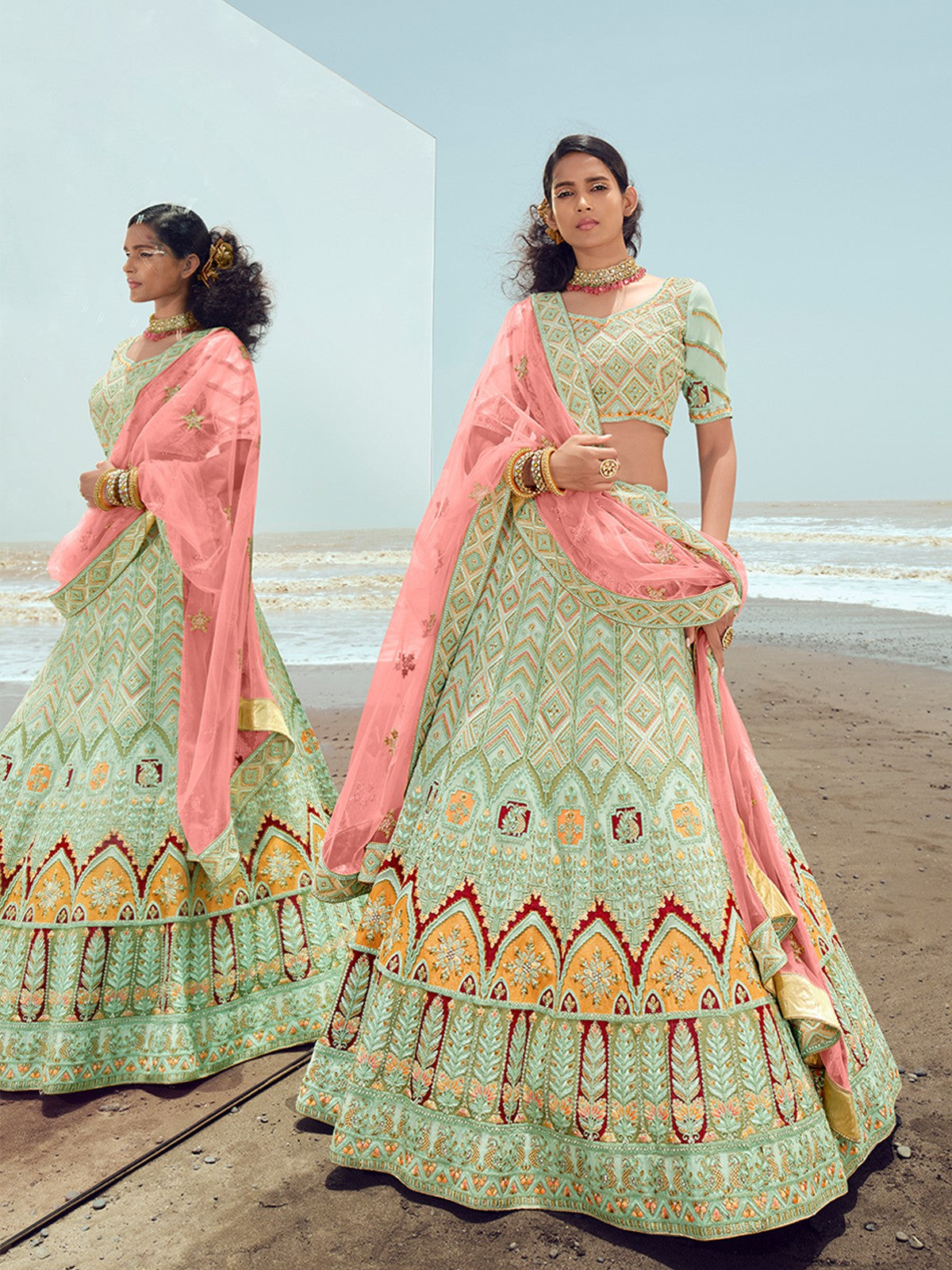 Sea Green Georgette Embroidered Semi Stitched Lehenga With Unstitched Blouse