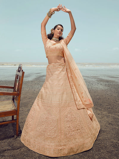 Peach Organza Embroidered Semi Stitched Lehenga With Unstitched Blouse