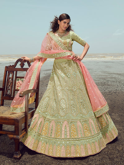 Green Organza Embroidered Semi Stitched Lehenga With Unstitched Blouse