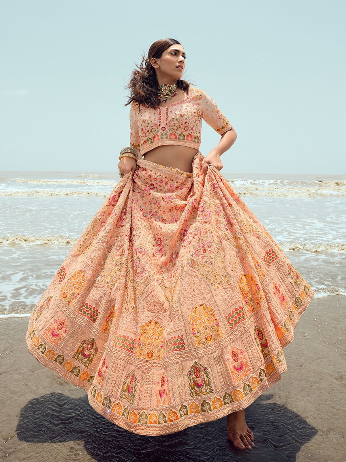 Peach Embroidered Georgette Semi Stitched Lehenga With Unstitched Blouse