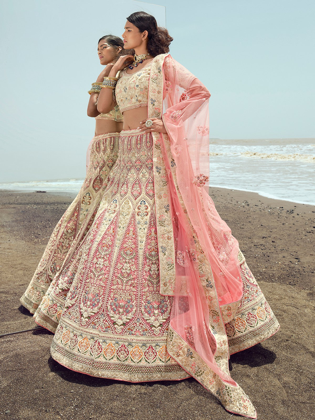 Apricot Embroidered Net Semi Stitched Lehenga With Unstitched Blouse