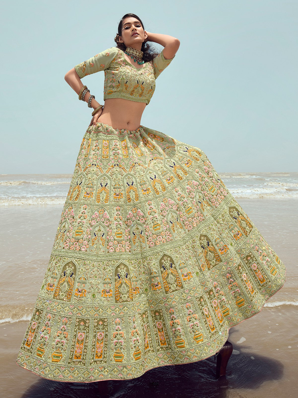Green Embroidered Georgette Semi Stitched Lehenga With Unstitched Blouse