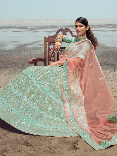 Sea Green Embroidered Organza Semi Stitched Lehenga With Unstitched Blouse