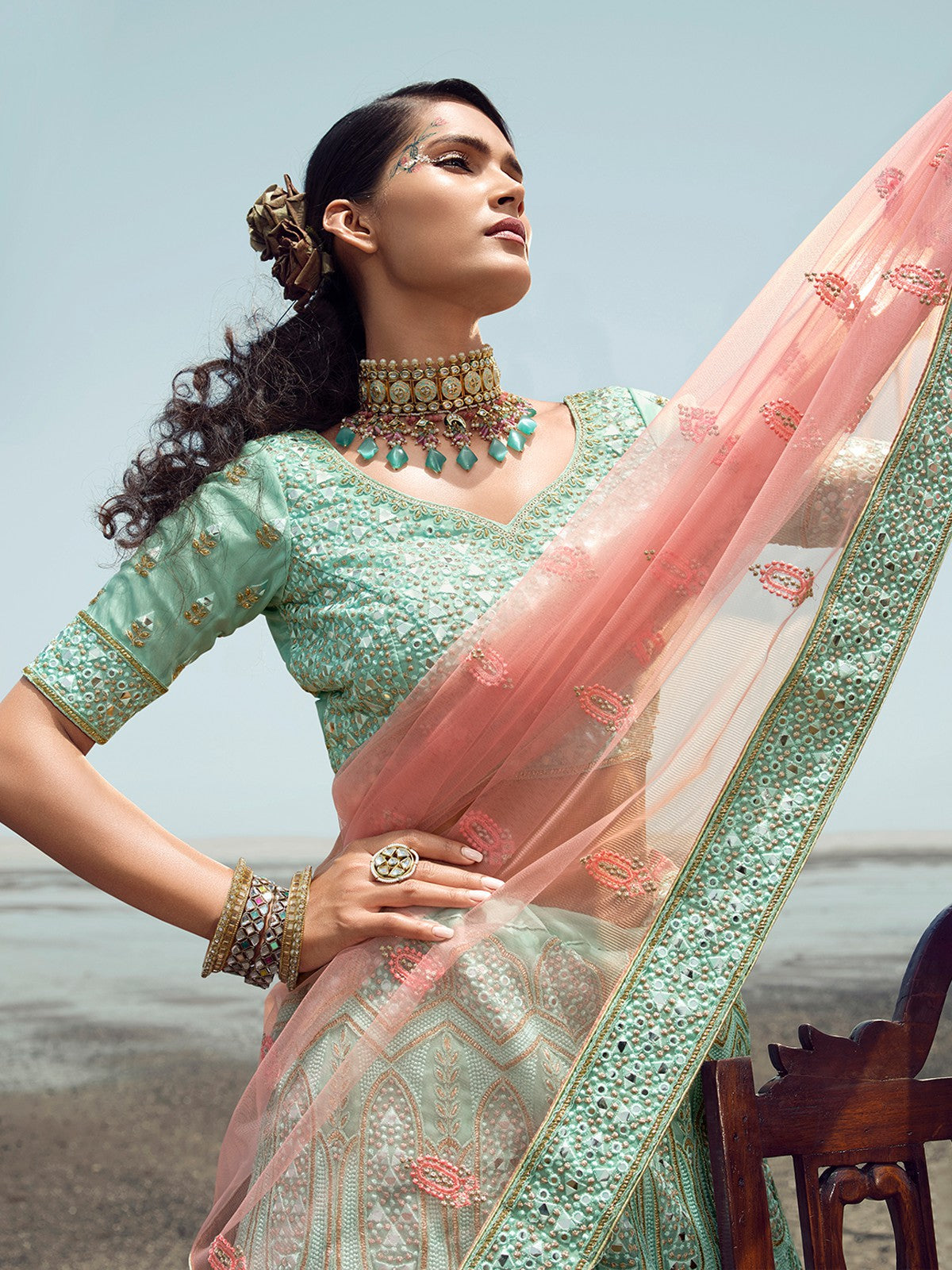 Sea Green Embroidered Organza Semi Stitched Lehenga With Unstitched Blouse