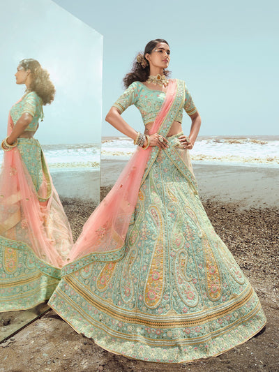 Sky Blue Embroidered Organza Semi Stitched Lehenga With Unstitched Blouse