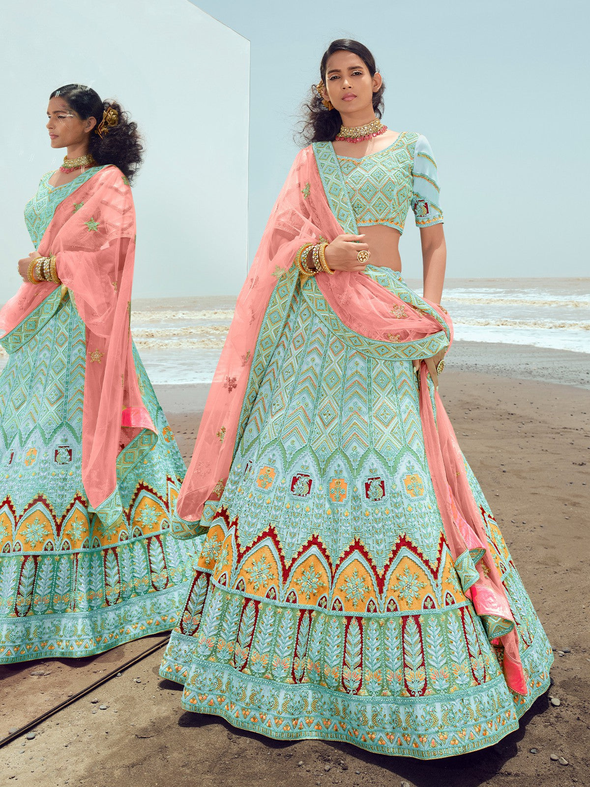 Buy Powder Pink Silk Lehenga With A Royal Blue Hand Embroidered Blouse With  Orange Net Dupatta