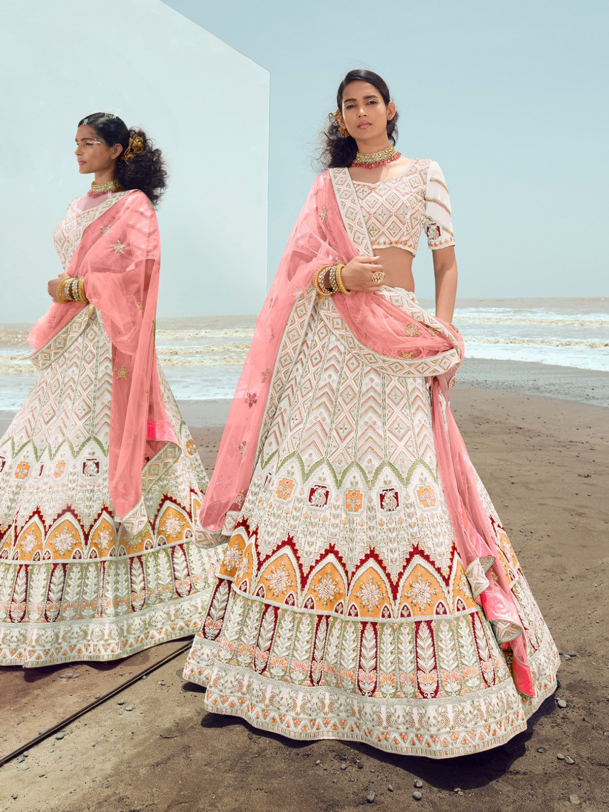 White Embroidered Sequined Lehenga With Dupatta - Rent