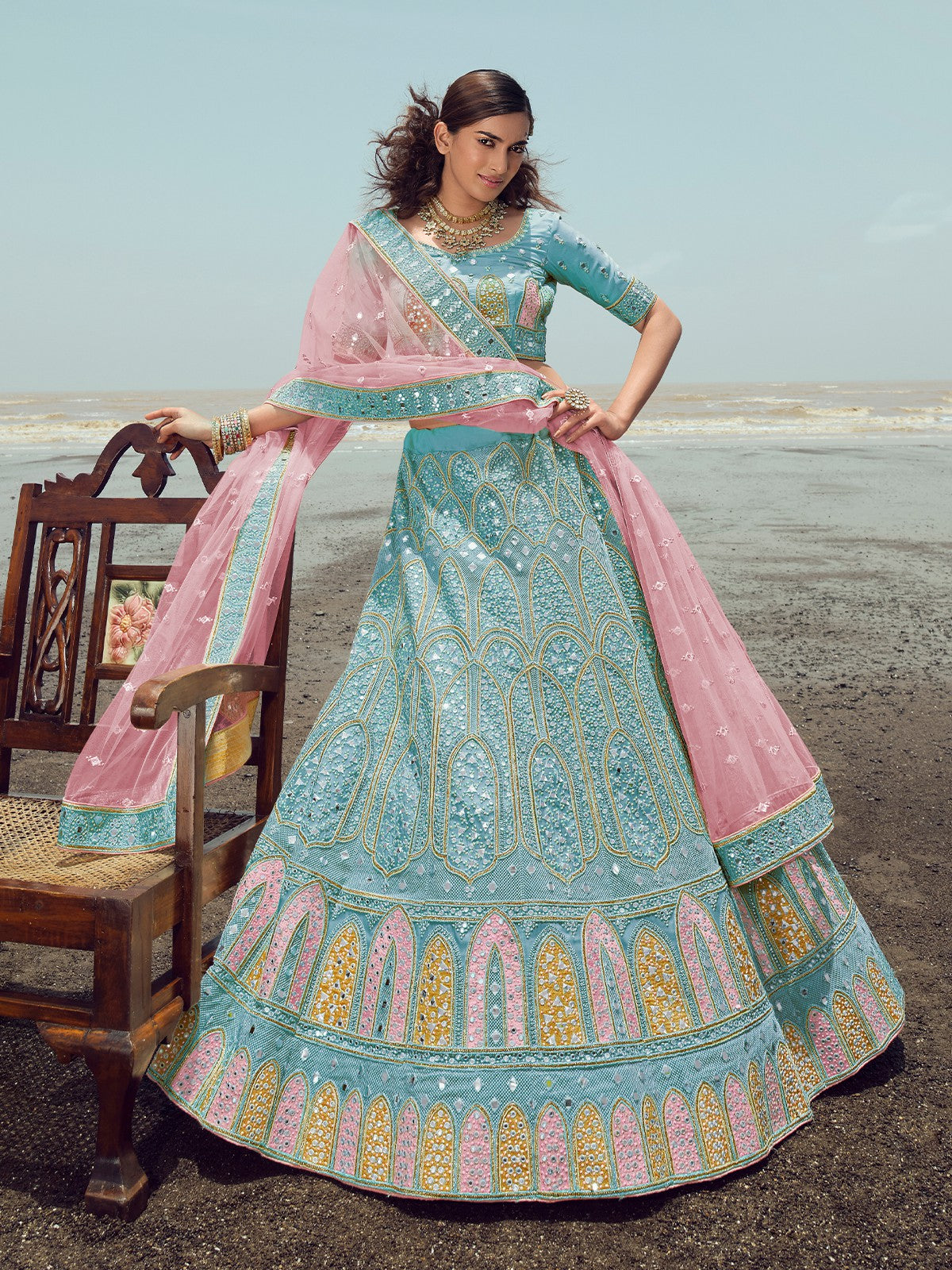 Light Blue Georgette Semi Stitched Lehenga With Unstitched Blouse