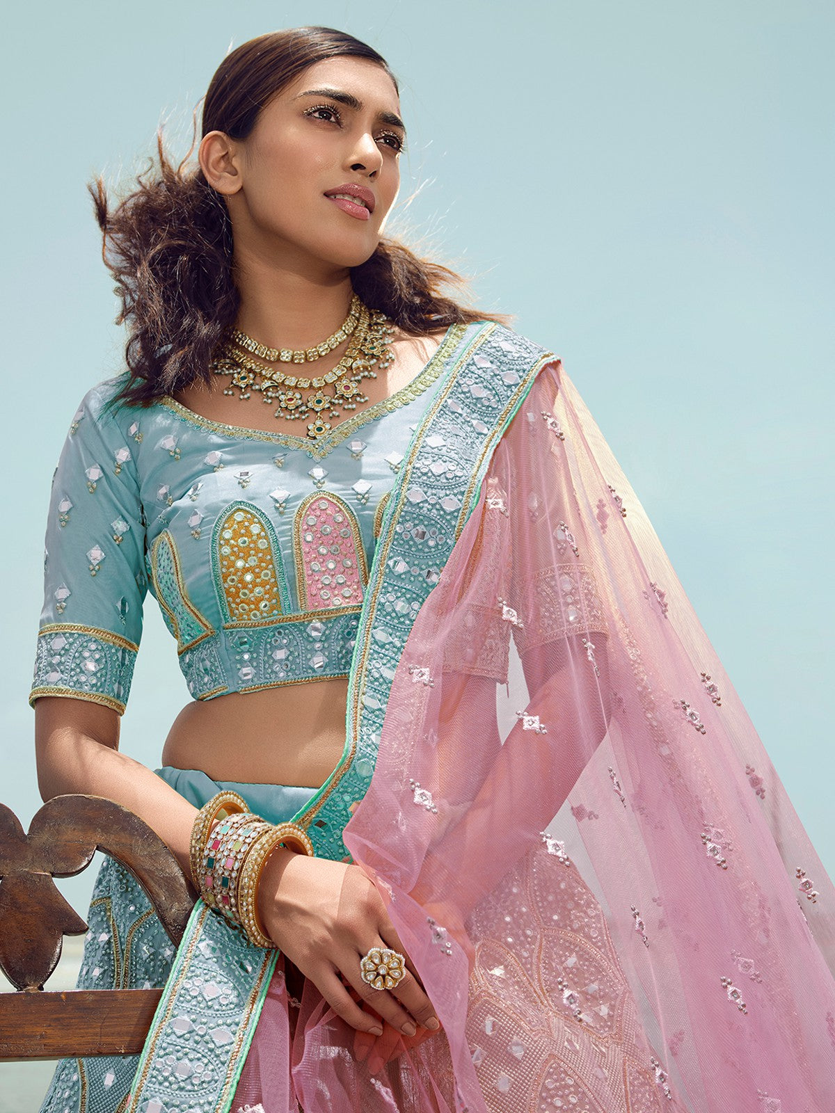 Pastel Dreamy Pink Heavy Embroidered Lehenga by Niyoosh for rent online |  FLYROBE