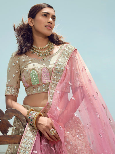 Beige Embroidered Organza Semi Stitched Lehenga With Unstitched Blouse