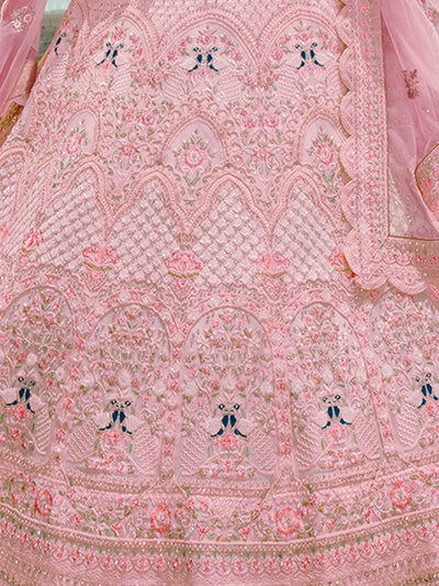 Pink Embroidered Georgette Semi Stitched Lehenga With Unstitched Blouse