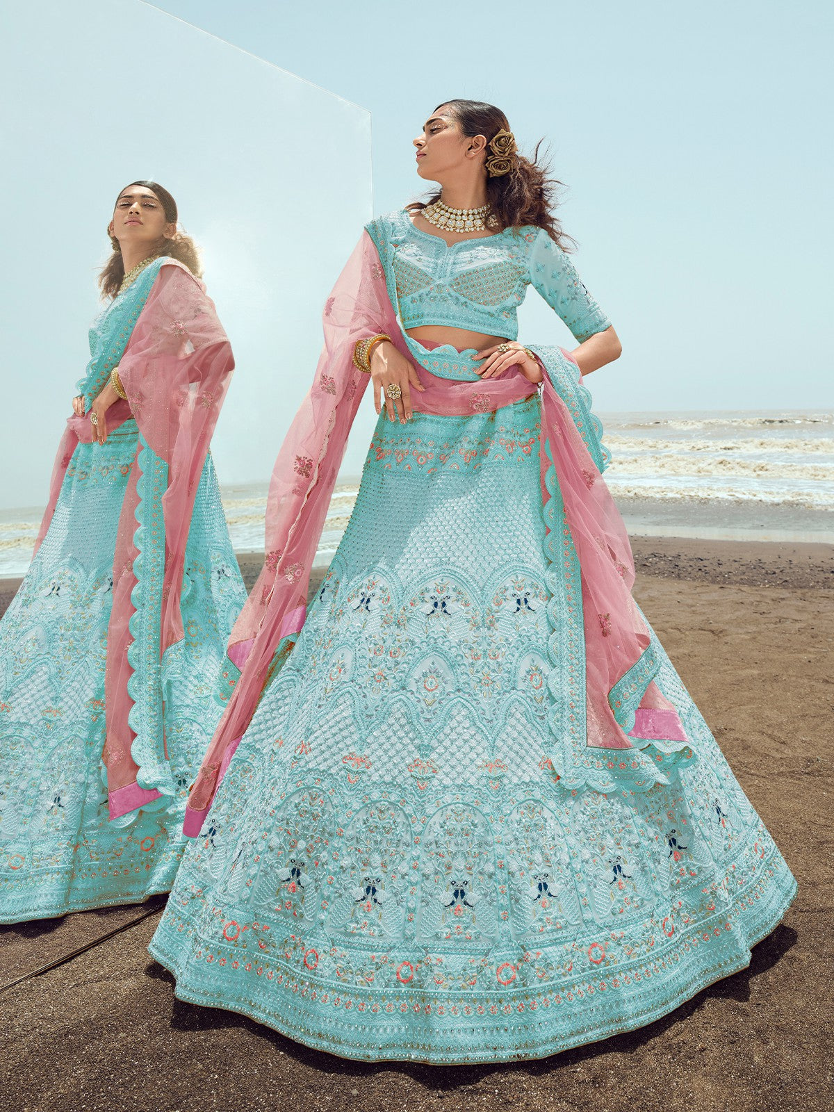 Buy Blue Organza Hand Embroidery Floral Resham Lehenga With Blouse For  Women by Sonia Bansal Online at Aza Fashions.