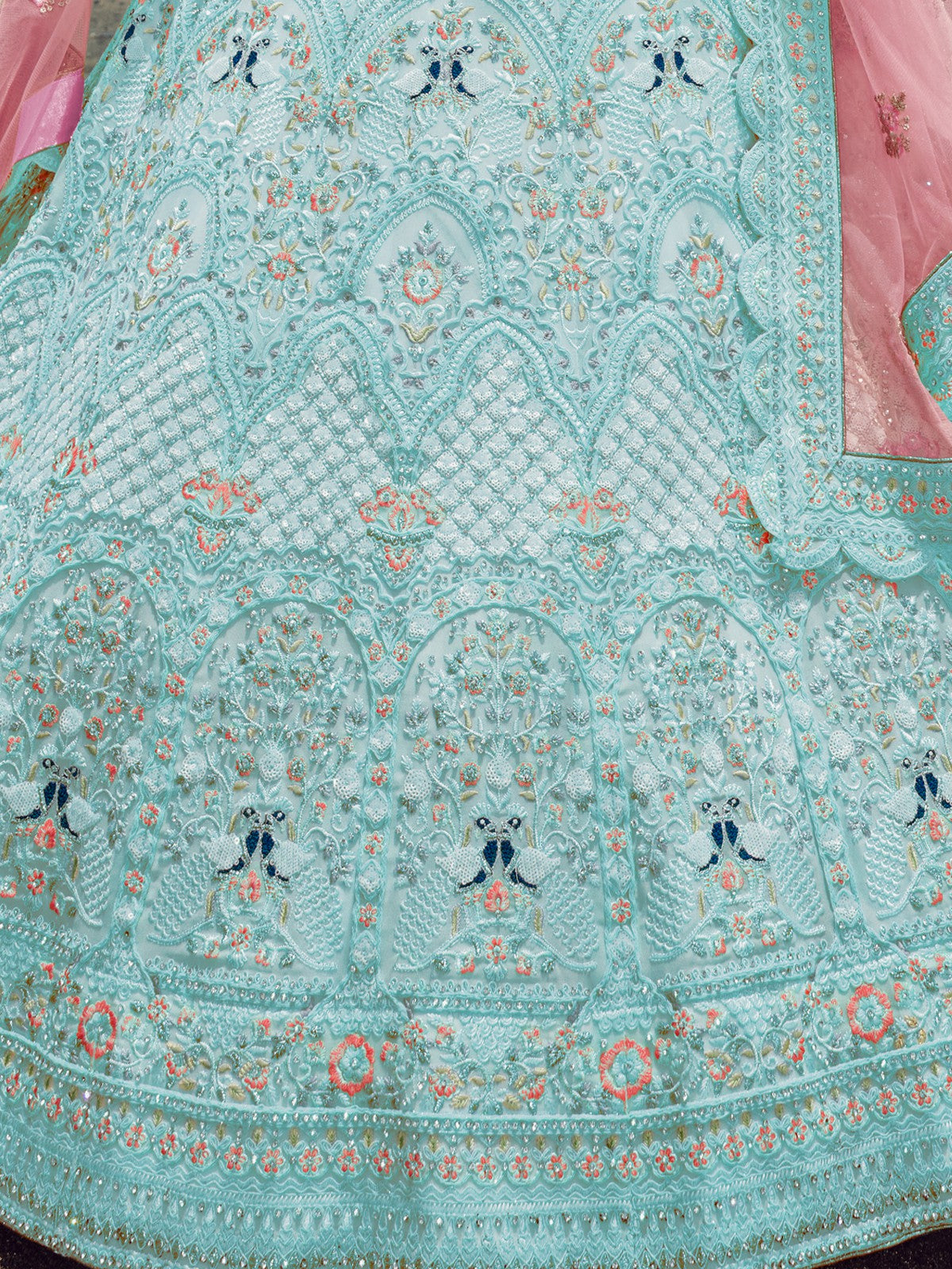 Light Blue Embroidered Georgette Semi Stitched Lehenga With Unstitched Blouse