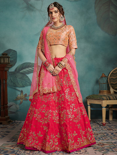 Fashionable Pink Art Silk Semi Stitched Lehenga With  Unstitched Blouse