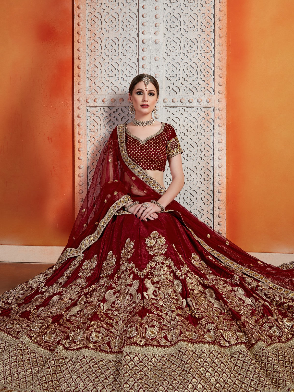 Maroon Semi Velvet Embroiderd Semi Stitched Lehenga With  Unstitched Blouse