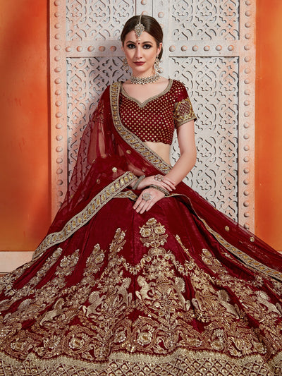Maroon Semi Velvet Embroiderd Semi Stitched Lehenga With  Unstitched Blouse