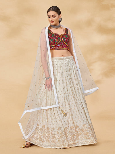White Embroidered Semi Stitched Lehenga With Unstitched Blouse